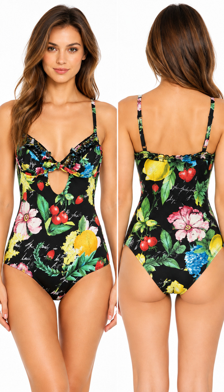 CAMILLA SIZE S FLORAL FRUIT ONE PIECE SWIMSUIT SWAROVSKI CRYSTAL CUTOUT